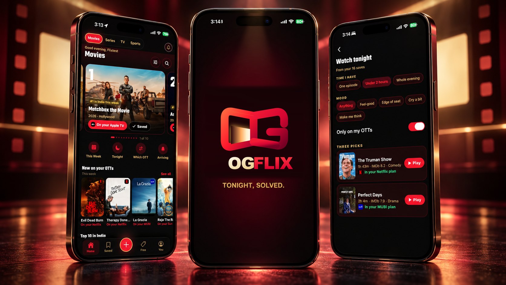 Three OGFLIX screens: the Movies home with India's top title, the OGFLIX splash, and Watch tonight with three picks